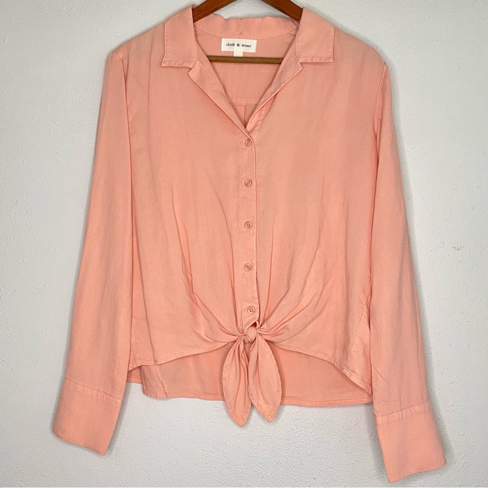 Cloth & Stone Peach Pink Tencel Button Front Long Sleeve Roll Tie Front Top XS